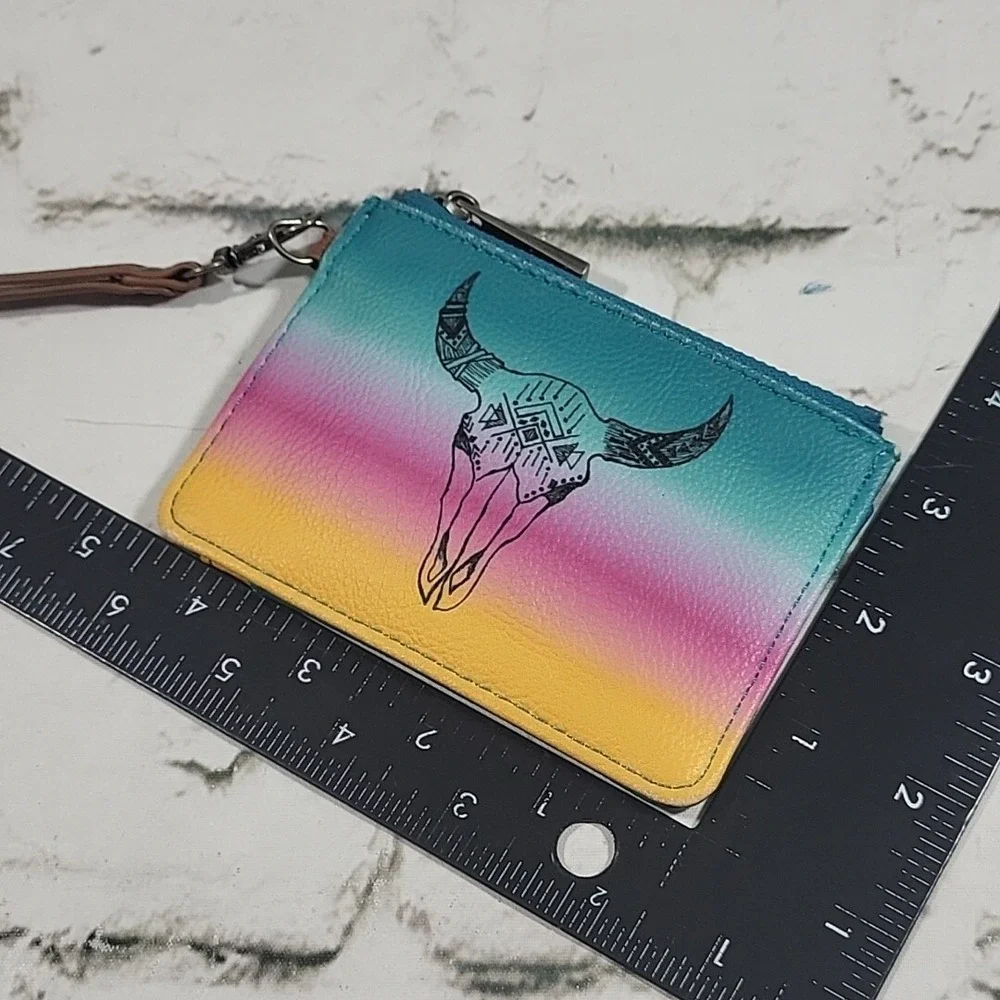 Catchfly Coin Purse Card Holder Western Skull Multicolor Print Zippered Wallet